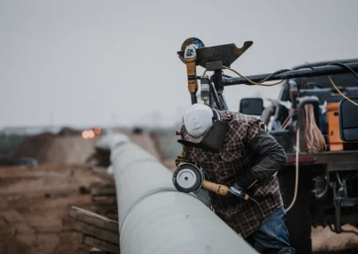 Workers in hard hats at a pipeline construction site.