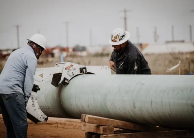 Workers in safety gear at a construction site with heavy machinery.
