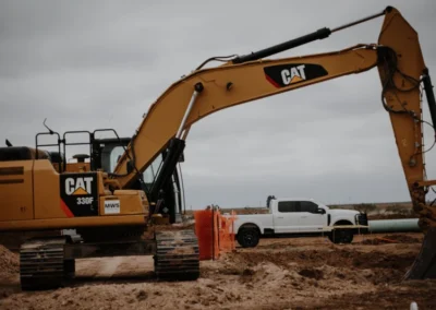 Two workers in hardhats observing a CAT excavator at a construction site.