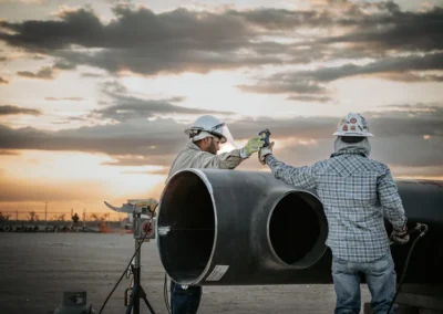 Two construction workers with hard hats near a large pipe at sunset.