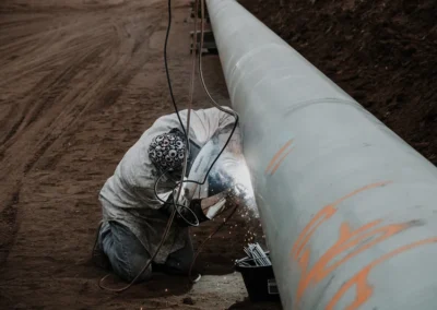 Workers in hard hats at a pipeline construction site.