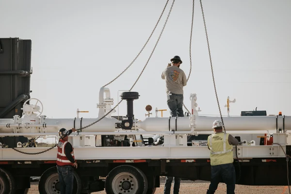 Two workers in safety gear operate equipment on a truck, while a third adjusts machinery on a pipe system in a bright outdoor setting.