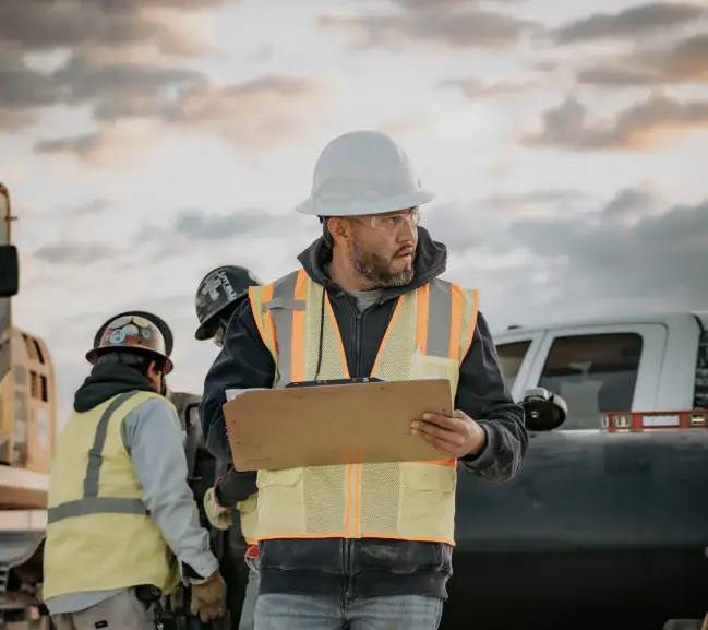 Construction workers in reflective vests and hard hats discuss plans at sunset, with a clipboard held for details.
