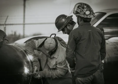 A worker welds a large pipe while two colleagues observe, all wearing protective gear on an industrial site.