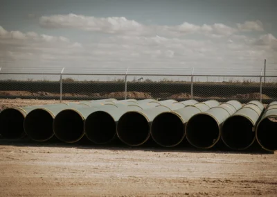 Stacked green pipes lie on a dusty ground, fenced area in the background under a cloudy sky, suggesting a construction site.