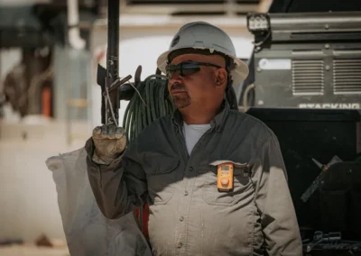 A construction worker in a hard hat holds a tool while standing next to a truck, with electrical cables visible in the background.